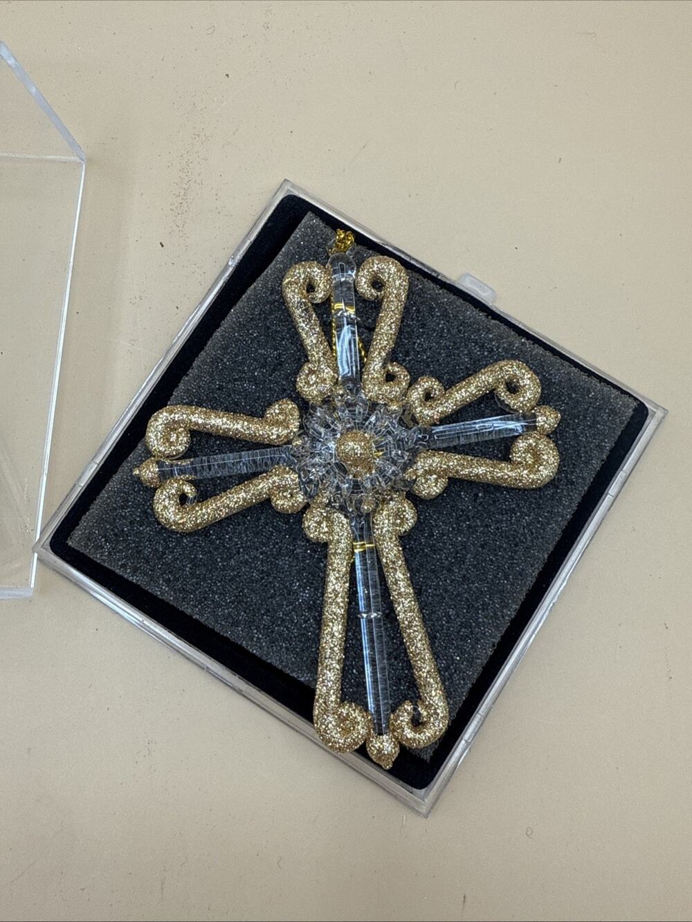Hand Spun Glass Gold Cross Ornament NEW In Package